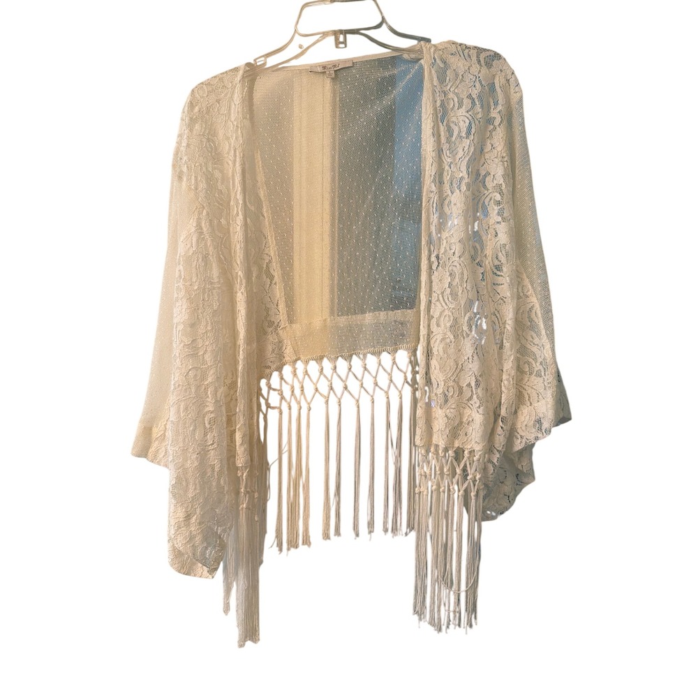 Miss Me Kimono White Lace Fringe Shrug Bohemian Open Front Floral Mesh Large